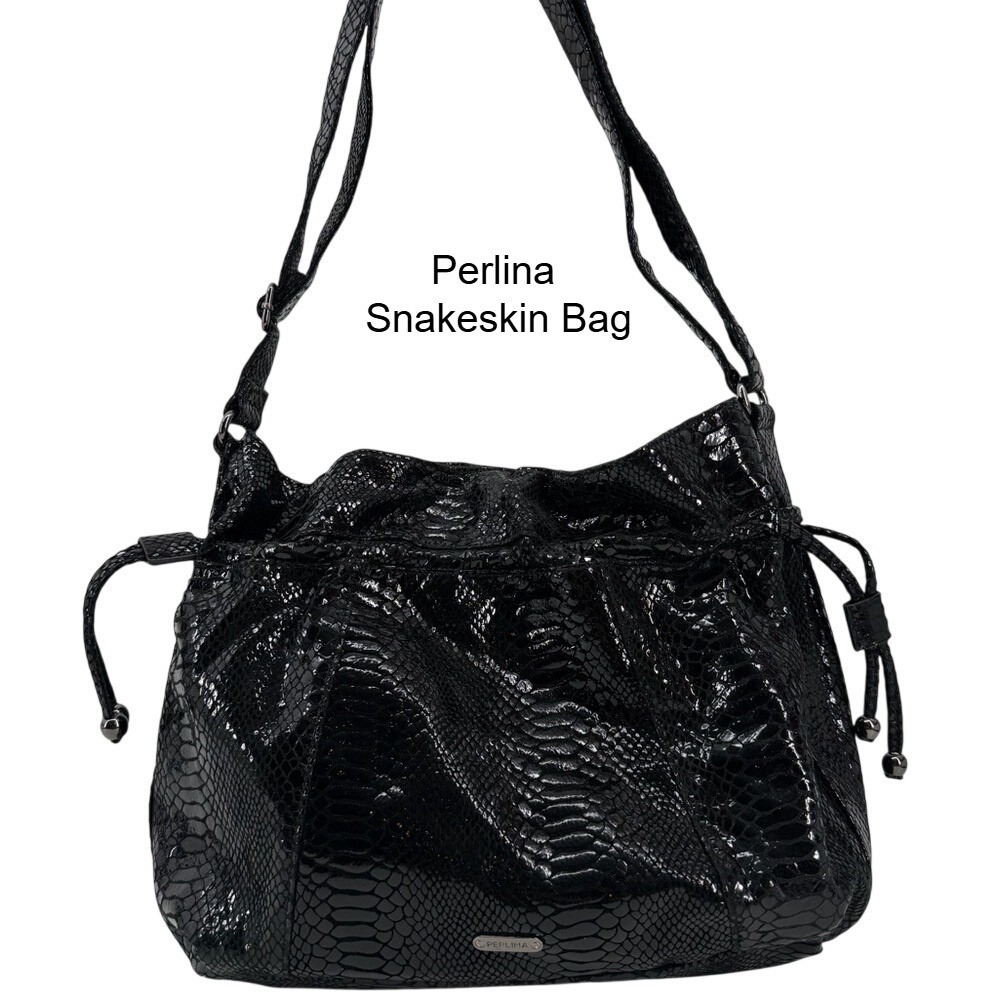 Perlina Black Snakeskin Embossed Shoulder Bag Drawstring Hobo Pink Polka Dot